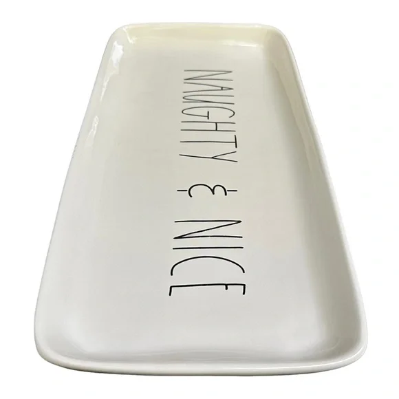 Rae Dunn Christmas Platter NAUGHTY & NICE White Black Long Letters NWT 2017 OG - Picture 7 of 16
